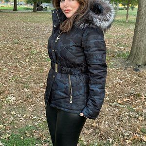 NEW Puffer Jacket Camouflage Real Silver Fox Hood S-L Blue Gray Black Coat Camo